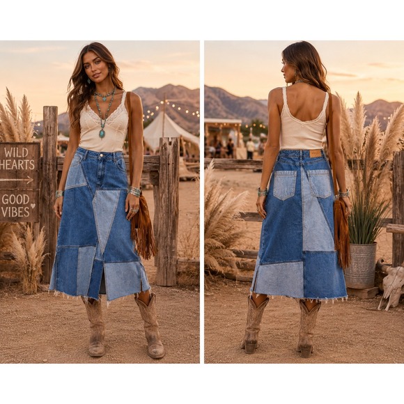 Nasty Gal Dresses & Skirts - Nasty Gal  Boho Western Festival Patchwork Denim Raw Hem Side Slit Midi Skirt 10